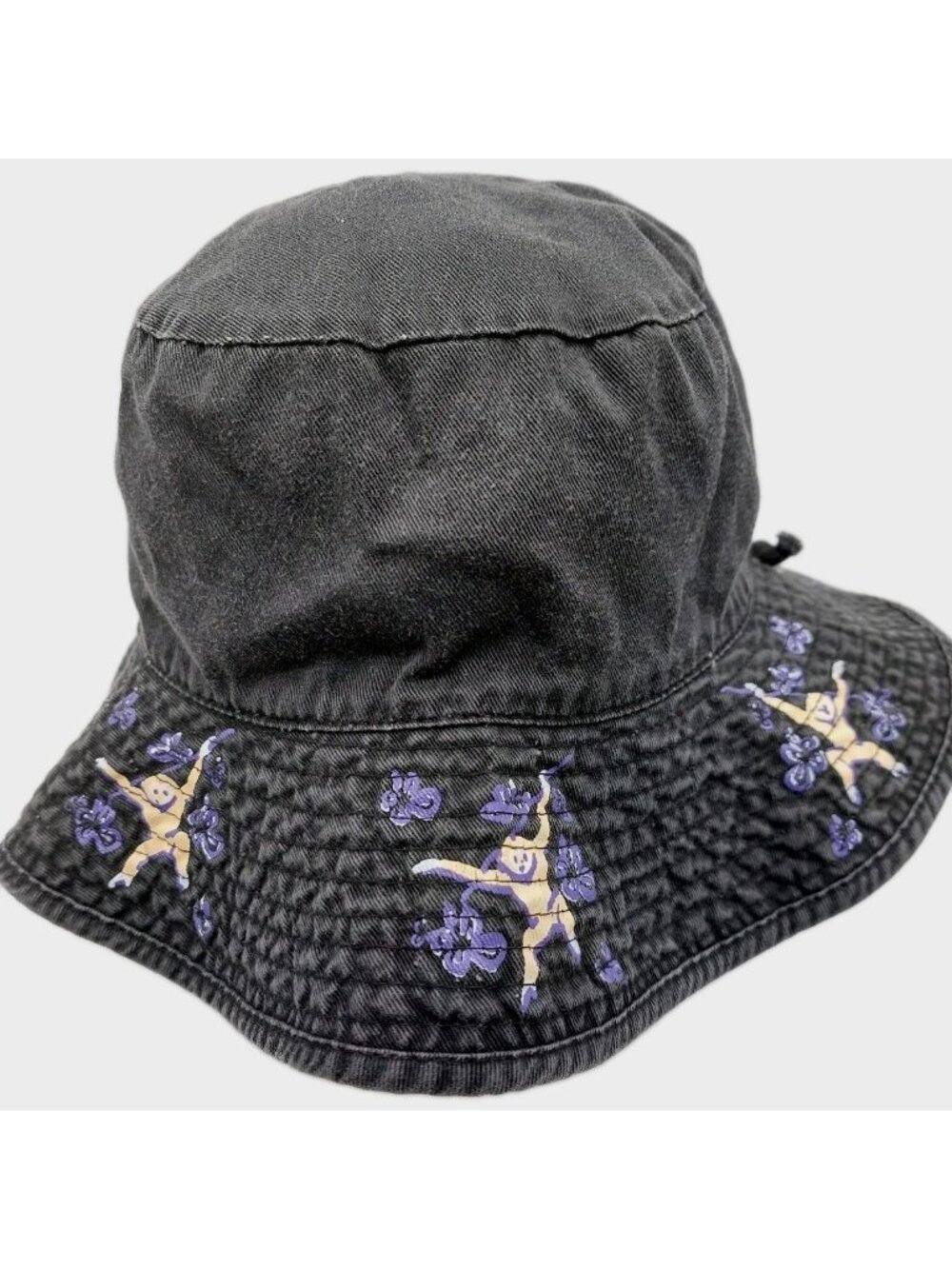 Bucket Hat Black With Monkey Purple Flower Print Size Small